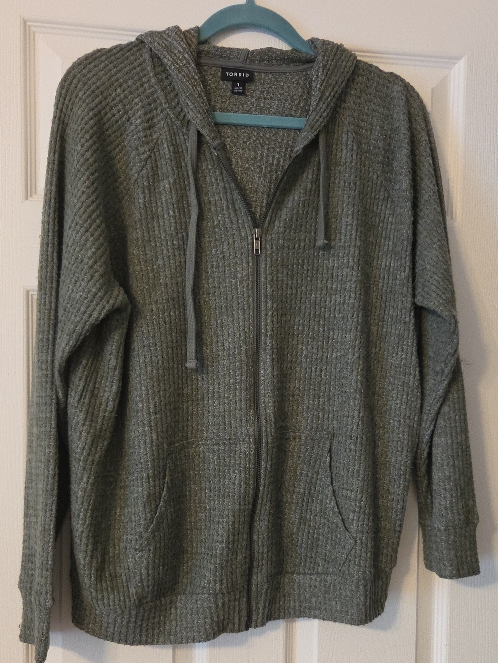 Torrid Olive Green Waffle-Knit Zip Hoodie Sweater